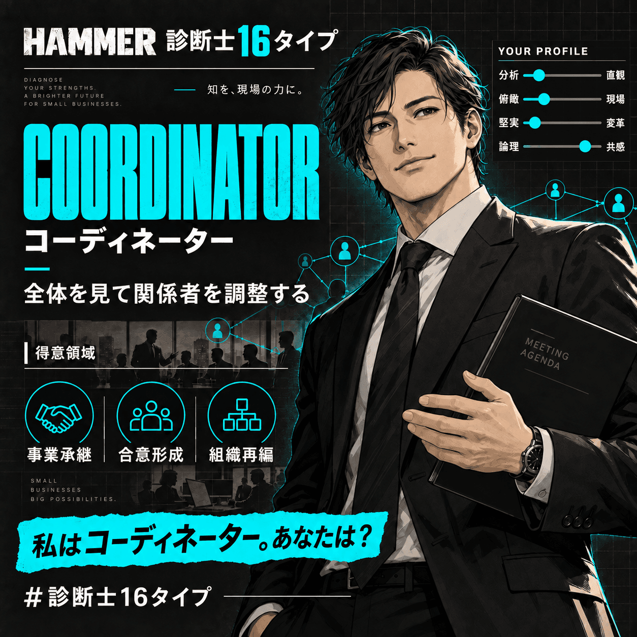 コーディネーター(Coordinator)の診断結果カード。全体を見て関係者を調整する