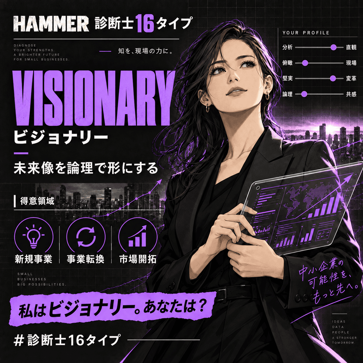 ビジョナリー(Visionary)の診断結果カード。未来像を論理で形にする